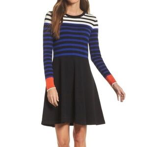 Vince Camuto Black and Blue Striped Dress with Orange Accents